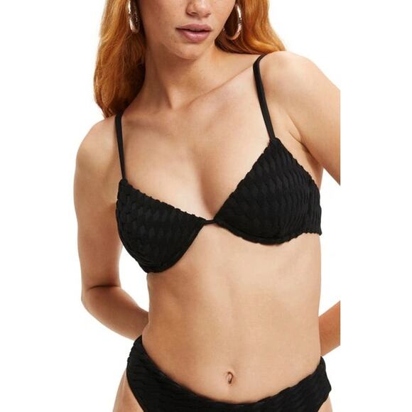 Good American Black Jacquard Wave Check Demi Bra Swim Bikini Top Size 1 - Picture 1 of 11